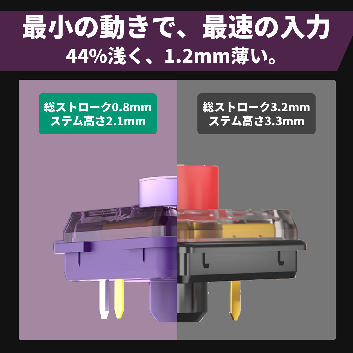 Kailh Purple Swallowtailキースイッチ 一般スイッチとの比較 総ストローク0.8mm 44%浅く1.2mm薄い 最速入力